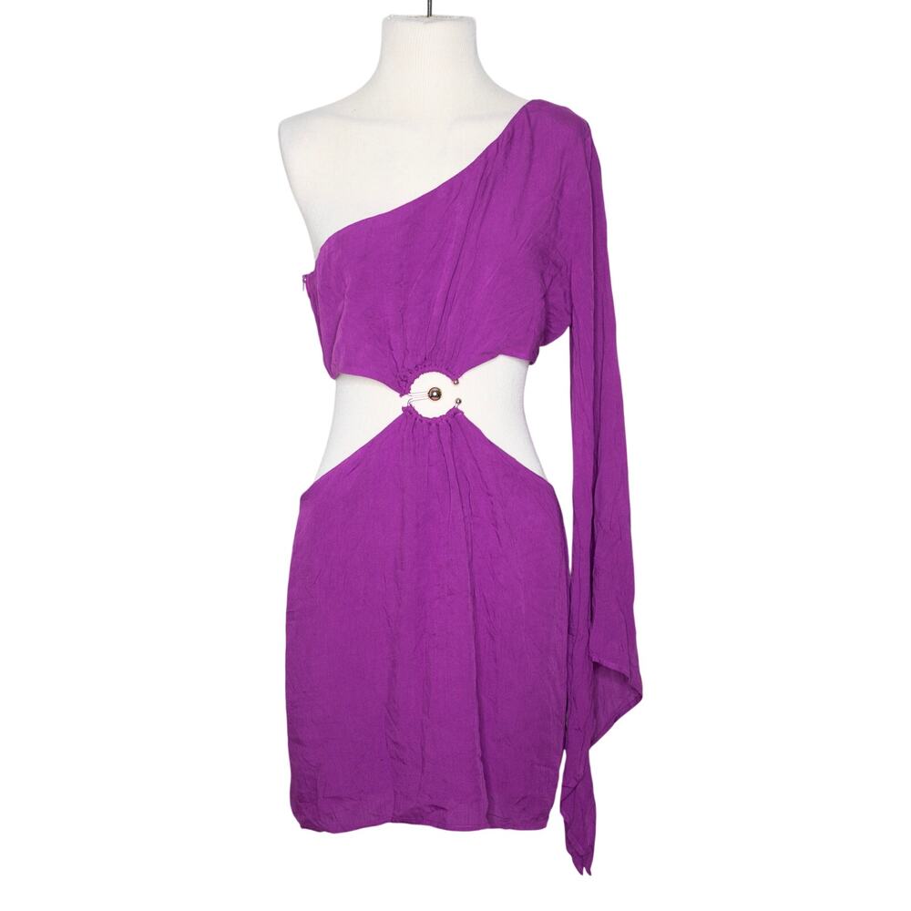 RUNAWAY The Label Liliko Dress Orchid Purple Midriff Cut Out One Sleeve 8 NWT